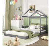Merax Lit d'enfant Lit de maison 140x200 cm, forme maison avec sommier à lattes, bois de pin, lit au sol, lit plat, lit de jeunes, lit en bois massif, lit double, gris