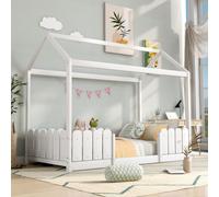 Merax lit d'enfant lit de maison 90x200cm lit de jeu maison d'enfant avec protection antichute et sommier à lattes, beau lit de bébé en pin, blanc