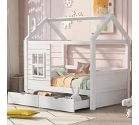 Merax Lit d'enfant Lit de maison avec protection contre les chutes et tiroirs, lit de jeu en bois massif 160x80 cm Lit bébé avec sommier à lattes et fenêtre, blanc