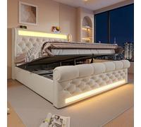 Merax Lit Double 140x190 cm Coffre avec LED, Lit Capitonné Velours avec Rangement Hydraulique, Tête de Lit avec USB et USB-C, Sommier à Lattes, Beige, sans Matelas