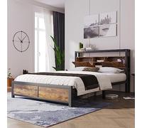 Merax Lit Double 140x200cm, Cadre de lit en Métal avec tête de Rangement en Bois et sommier à Lattes en métal, Vintage Lit, Style Industriel, Resistant, pour Adolescent, Adultes, sans Matelas, Noir