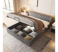 Merax Lit double capitonné, hydraulique, 180 x 200 cm, fonctionnel, avec sommier à lattes et espace de rangement, cadre de lit rembourré avec design de tête de lit à boutons, style simple, gris