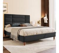 Merax Lit Double rembourré, 140 x 200 cm, avec tiroir de lit et sommier à Lattes, Cadre de lit rembourré avec tête de lit, en Lin Noir, pour Adultes et Adolescents (Matelas Non Inclus)