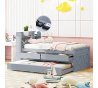 Merax lit en bois massif lit simple 90x190cm avec lit gigogne et USB, lit fonctionnel avec 2 tiroirs et compartiment de rangement, pin lit de jour lit fonctionnel lit d'invité lit d'enfant, gris