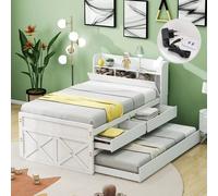 Merax lit en bois massif lit simple 90x190cm avec lit gigogne et USB, lit fonctionnel avec 2 tiroirs et compartiment de rangement, pin lit de jour lit fonctionnel lit d'invité lit d'enfant, gris