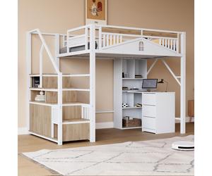 Merax Lit mezzanine 140x200 cm avec rangement en escalier et armoire, lit superposé capacité de charge 120 kg, lit loft moderne pour adolescents & adultes, blanc