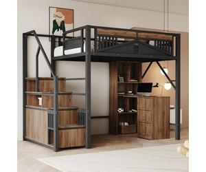Merax Lit mezzanine 140x200 cm avec rangement en escalier et armoire, lit superposé capacité de charge 120 kg, lit loft moderne pour adolescents & adultes, noir