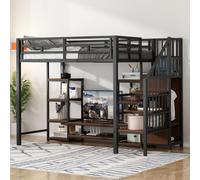 Merax Lit mezzanine 90x200 avec support TV, lit d'enfant avec prise électrique et échelle de sécurité, lit superposé en métal et bois, lit loft peu encombrant, noir
