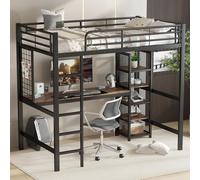 Merax Lit mezzanine 90x200 avec table et étagère, lit d'enfant avec barrière métallique et échelle, garde-corps, peu encombrant & stable, fer+MDF, noir + bois foncé