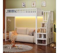 Merax Lit mezzanine 90x200 cm, lit pour enfant avec échelle amovible, garde-corps de protection, escalier de rangement, éclairage LED, cadre en bois massif, lit multifonctionnel pour adolescents