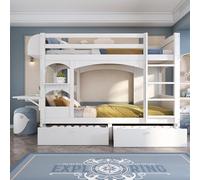 Merax Lit Mezzanine Enfant Multifonction avec Bureau Rabattable, étagères et 2 tiroirs, lit superposé Bois Massif 90x200 cm Blanc, lit combiné (sans Matelas)