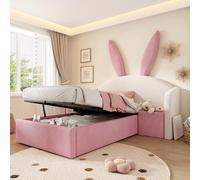 Merax Lit pour enfant 90 x 200 cm, lit rembourré pour fille, lit de princesse avec lit de rangement hydraulique, tête de lit oreilles de lapin et table de chevet, lit pour fille avec sommier à lattes