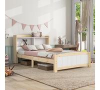 Merax Lit pour enfant 90x200cm, Lit simple en bois massif avec rangement intégré, Lit pour adolescent avec sommier à lattes et tête de lit, Cadre de lit pratique pour chambre d'enfant
