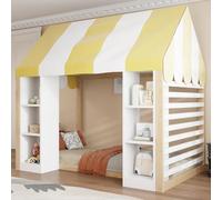 Merax Lit pour enfant de style maison de campagne 90 x 200 cm avec baldaquin, espace de rangement ouvert et cadre en bois - Blanc + couleur bois (sans matelas)