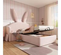 Merax Lit pour enfant fille 90 x 190 cm, lit capitonné, lit princesse avec lit de rangement hydraulique, tête de lit oreilles de lapin et table de chevet, lit pour fille avec sommier à lattes, velours
