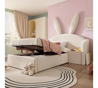Merax Lit pour enfant fille 90 x 190 cm, lit capitonné, lit princesse avec lit de rangement hydraulique, tête de lit oreilles de lapin et table de chevet, lit pour fille avec sommier à lattes, velours