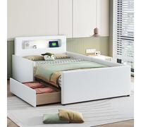 Merax Lit rembourré, 90 x 200 cm, avec veilleuse, port de charge USB, compartiments de rangement, panneaux latéraux surélevés, sûr et stable, lit simple, en cuir synthétique, blanc (sans matelas)