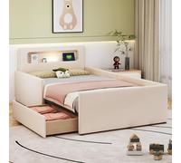 Merax Lit rembourré, 90 x 200 cm, avec veilleuse, port de charge USB, compartiments de rangement, panneaux latéraux surélevés, sûr et stable, lit simple, en cuir synthétique, beige (sans matelas)