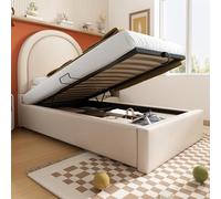 Merax Lit rembourré 90 x 200 cm pour fille avec espace de rangement, lit simple en cuir synthétique, lit princesse, beige avec tête de lit et sommier à lattes hydraulique, lit pour adolescent sans