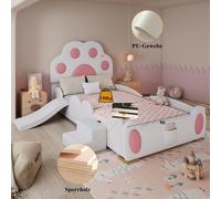 Merax Lit rembourré 90x200 avec toboggan et échelle, lit d'enfant avec tête de lit en forme de patte de chat, lit simple Sac de rangement, PU, blanc + rose