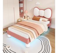 Merax lit rembourré 90x200 en tissu velours, lit d'enfant avec tête de lit en forme de nœud papillon, lit simple avec bande lumineuse LED, sommier stable, beige + rose