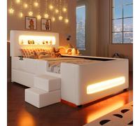 Merax Lit rembourré Lit d'enfant 90x200 cm avec rampes lumineuses LED, escalier, tiroir et poches de rangement, lit plateforme, lit d'adolescent, lit plat, blanc