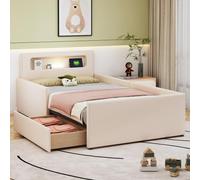 Merax Lit rembourré pour enfant 90 x 200 cm avec port de charge USB et veilleuse, lit de rangement avec compartiments de rangement et panneaux latéraux surélevés, lit simple pour adolescent garçons et