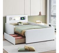 Merax Lit rembourré pour enfant 90 x 200 cm avec port de charge USB et veilleuse, lit de rangement avec compartiments de rangement, lit simple avec panneaux latéraux surélevés, lit adolescent pour