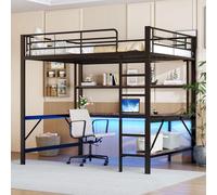 Merax Lit superposé 140x200 cm, avec éclairage LED, USB & prise de courant, bureau & étagère, structure métallique, lit d'enfant superposé, noir