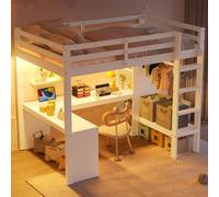 Merax Lit superposé 140x200 cm, avec étagères, bureau, lumière LED et USB, zone suspendue, lit superposé en bois, lit d'enfant, lit d'adolescent, blanc