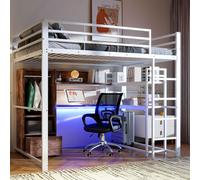 Merax Lit superposé 140x200 cm, lit d'enfant avec éclairage LED, bureau, tiroir, étagères, balustrade, lit en fer superposé, blanc