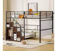 Merax Lit superposé 140x200cm avec escalier et barre de penderie, lit surélevé avec compartiment de rangement et rampe, lit d'enfant avec sommier à lattes, lit double en métal,Noir