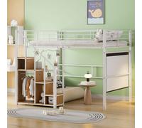 Merax Lit superposé 140x200cm avec escalier et barre de penderie, lit surélevé avec compartiment de rangement et rampe, lit d'enfant avec sommier à lattes, lit double en métal, blanc