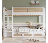 Merax Lit superposé 90 x 200 cm, lit pour enfant en pin et MDF avec 3 tiroirs sur roulettes, aspect rotin et barreaux de lit sûres, lit mezzanine avec sommiers à lattes stables et échelle, blanc et
