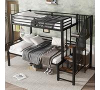 Merax Lit superposé 90x200 & 120x200 avec escalier d'angle, lit d'enfant avec cadre métallique et protection contre les chutes, espace de rangement, noir aspect bois vintage