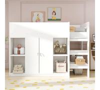 Merax Lit superposé 90x200 avec armoire en pin, lit en bois avec étagère et échelle, lit superposé pour enfants avec espace de rangement, peu encombrant, sûr et fonctionnel, blanc