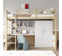 Merax Lit superposé 90x200 avec armoire et tiroirs, lit d'enfant avec bureau avec espace de rangement, lit en bois massif avec sommier à lattes, naturel