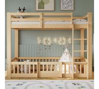 Merax lit superposé 90x200 avec porte, lit de garçon avec balustrade et échelle, lit d'enfant aire de jeux en bas, EN747, lit en bois en pin + LVL, couleur naturelle