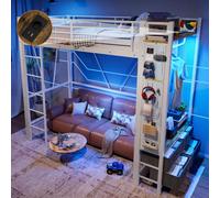 Merax Lit superposé 90x200 cm, avec 4 tiroirs, USB, type-C, LED, zone suspendue, tableau à fiches, lit en fer, lit superposé, lit d'enfant, blanc