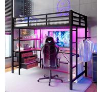 Merax Lit superposé 90x200 cm avec LED, bureau, prise électrique, USB, 3 tiroirs, étagères, lit superposé, lit d'enfant en fer, noir