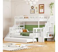 Merax Lit superposé 90x200cm/140x200cm avec toboggan et escalier, lit surélevé avec lit gigogne et étagères, lit d'enfant avec protection contre les chutes et sommier à lattes, blanc