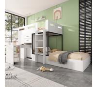 Merax Lit superposé 90x200cm avec bureau extensible, lit surélevé avec tiroirs et armoire, lit d'enfant avec échelle, lit superposé d'adolescent blanc