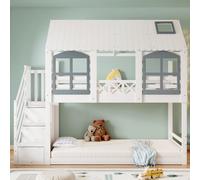 Merax Lit superposé 90x200cm avec escalier de rangement, lit d'adolescent lit d'intérieur avec barrière anti-chute, lit d'enfant surélevé avec fenêtre et toit