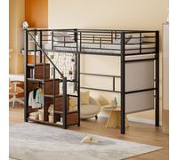 Merax Lit superposé 90x200cm avec escalier et barre de penderie, lit surélevé avec compartiment de rangement et rampe, lit d'enfant avec sommier à lattes, lit d'adolescent en métal, noir