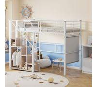 Merax Lit superposé 90x200cm avec escalier et barre de penderie, lit surélevé avec compartiment de rangement et rampe, lit d'enfant avec sommier à lattes, lit d'adolescent en métal, blanc