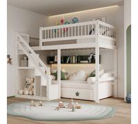 Merax Lit superposé 90x200cm avec escalier et espace de rangement, lit surélevé avec protection antichute et sommier à lattes,Lit simple d'enfant en bois Lit superposé d'adolescent,Blanc