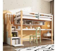 Merax Lit superposé 90x200cm avec escalier, lit surélevé avec bureau et bibliothèque, lit simple lit d'enfant avec protection contre les chutes, lit d'adolescent avec sommier à lattes