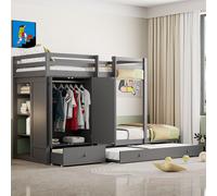 Merax Lit superposé 90x200cm avec lit gigogne, lit surélevé avec armoire, lit d'enfant avec tiroir et compartiment de rangement, lit en bois lit d'adolescent avec échelle, gris