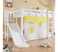Merax Lit superposé 90x200cm en bois avec toboggan, lit d'enfant avec clôtures et protection contre les chutes, lit en bois avec rideau de lit et escalier, MDF+pin, blanc