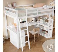 Merax Lit superposé avec étagère, lit d'enfant avec rampe de sécurité, lit de garçon avec toile feutrée et échelle inclinée, lit en bois 90x200cm, blanc